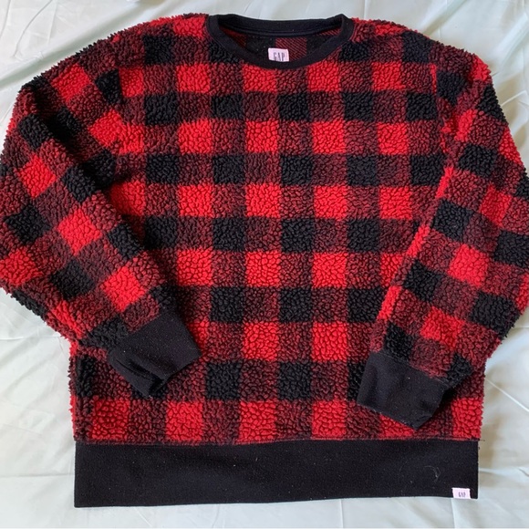 Gap Kids Boys Red Buffalo Plaid Sherpa Crewneck Sweatshirt - Picture 1 of 3